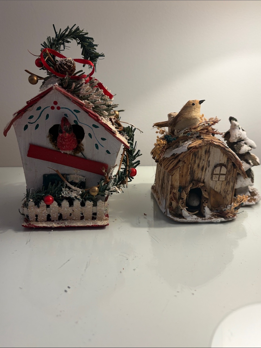 Vintage Rustic Winter Birdhouse Figurine Decor Set of 2